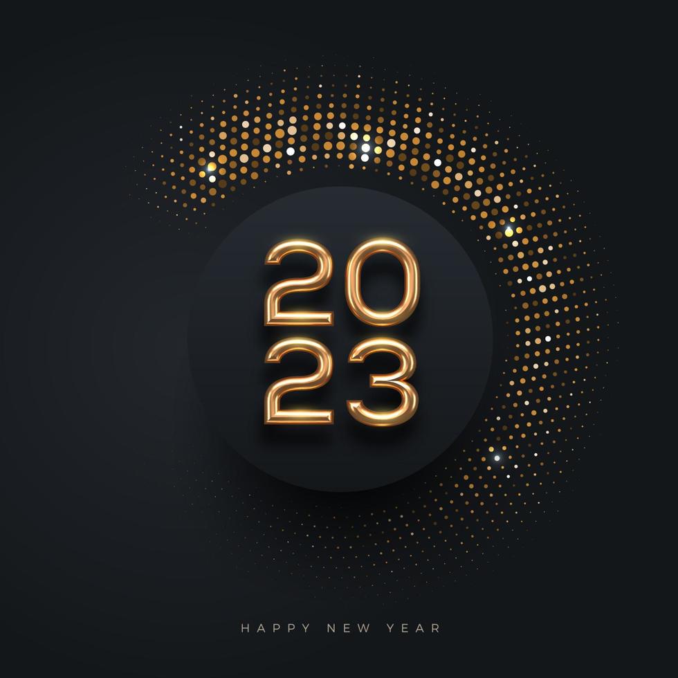 2023 nuovo anno lusso logo con splendente d'oro mezzitoni su nero sfondo. vettore illustrazione.