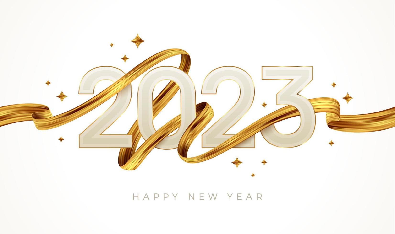 2023 nuovo anno logo con d'oro dipingere pennellata. nuovo anno cartello con d'oro nastro. vettore illustrazione.