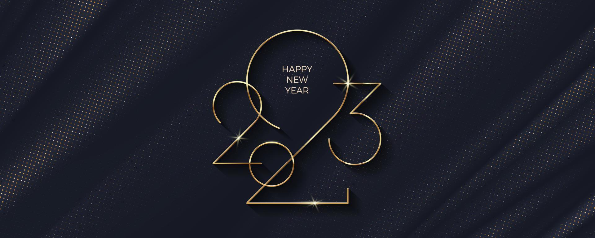 2023 nuovo anno logo su nero tessile astratto onde sfondo. nuovo anno lusso saluto design per manifesto, volantino, invito, cartolina, pubblicità. vettore