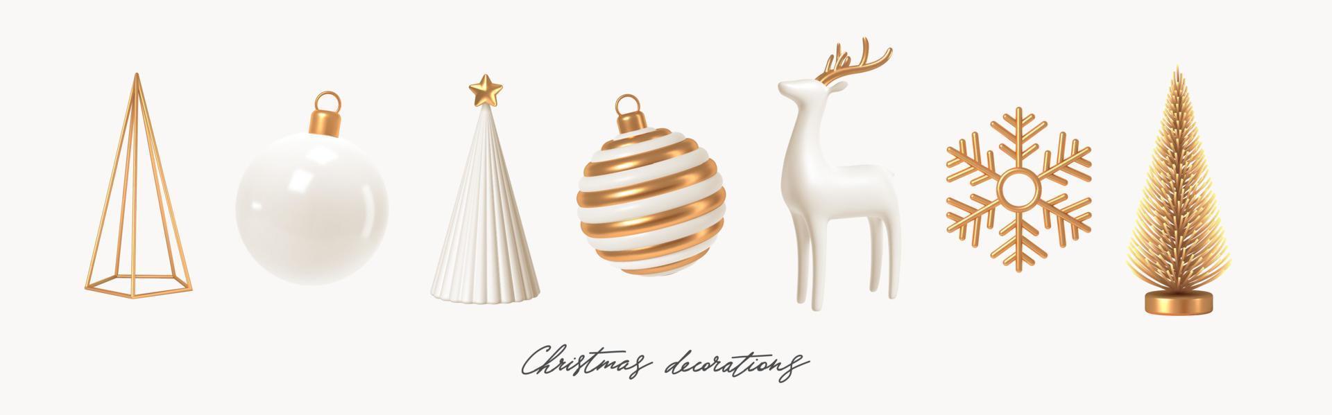impostato di bianca e oro realistico Natale decorazioni. 3d rendere vettore illustrazione. design elementi per saluto carta o invito.