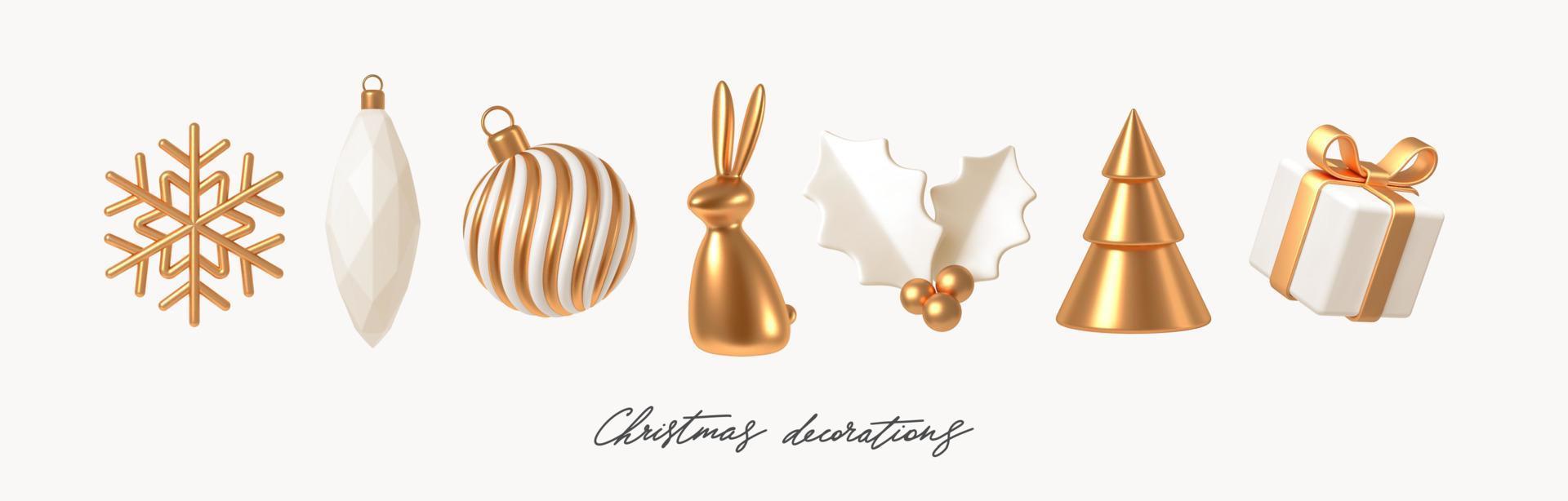 impostato di bianca e oro realistico Natale decorazioni. 3d rendere vettore illustrazione. design elementi per saluto carta o invito.