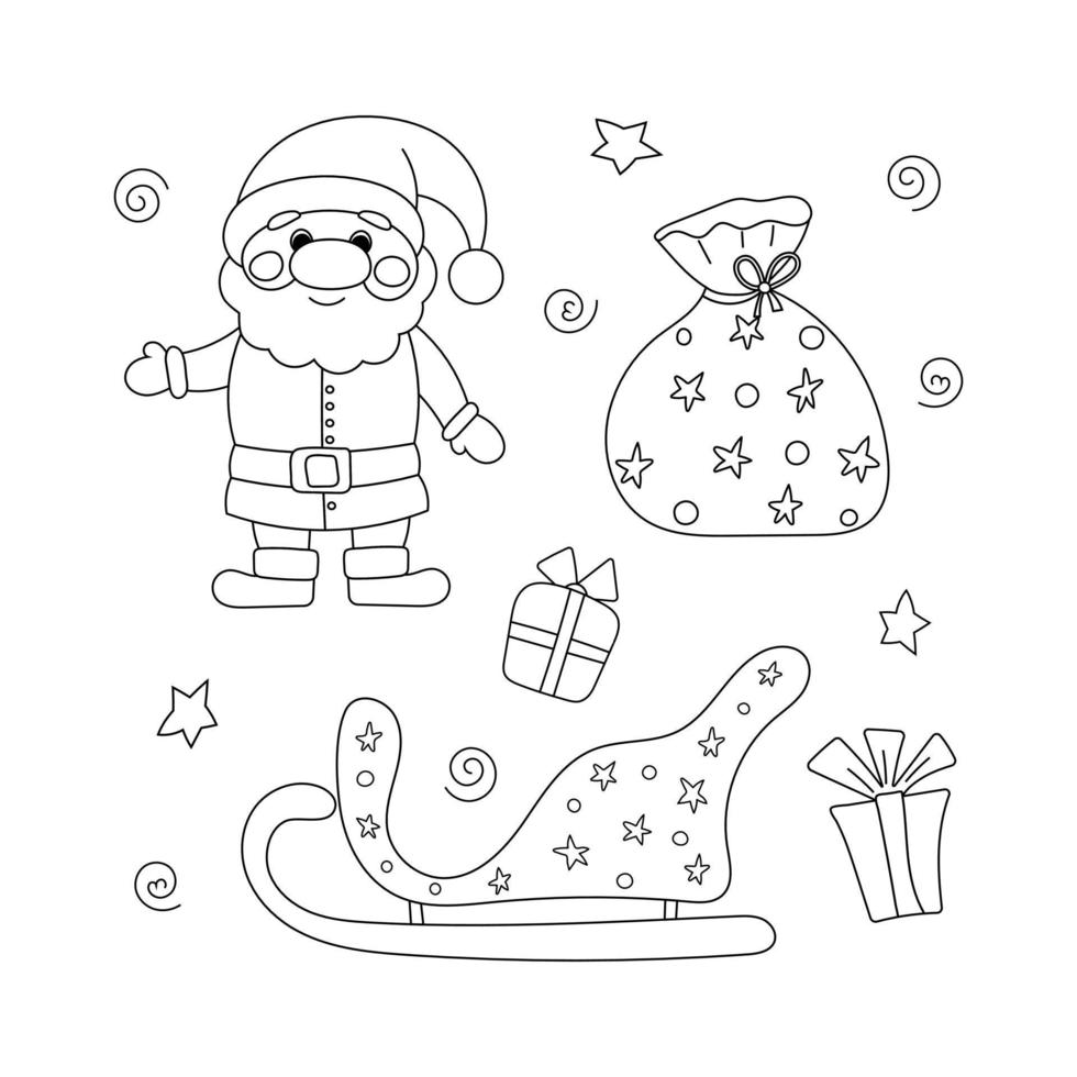 colorazione pagina schema di Santa Claus con i regali Borsa e Natale slitta. nuovo anno. Natale. vettore