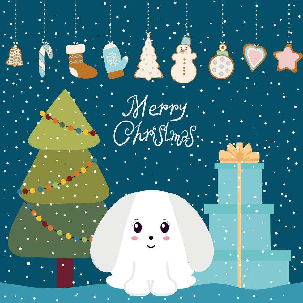 2023 anno di il coniglio. carino Natale coniglietto a il Natale albero con i regali. vettore illustrazione.