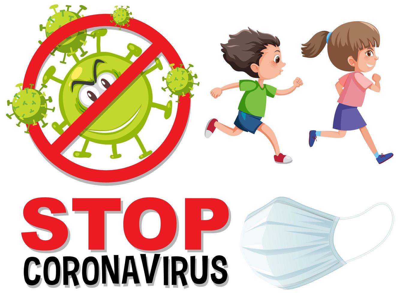 fermare il logo del coronavirus con i bambini che corrono vettore
