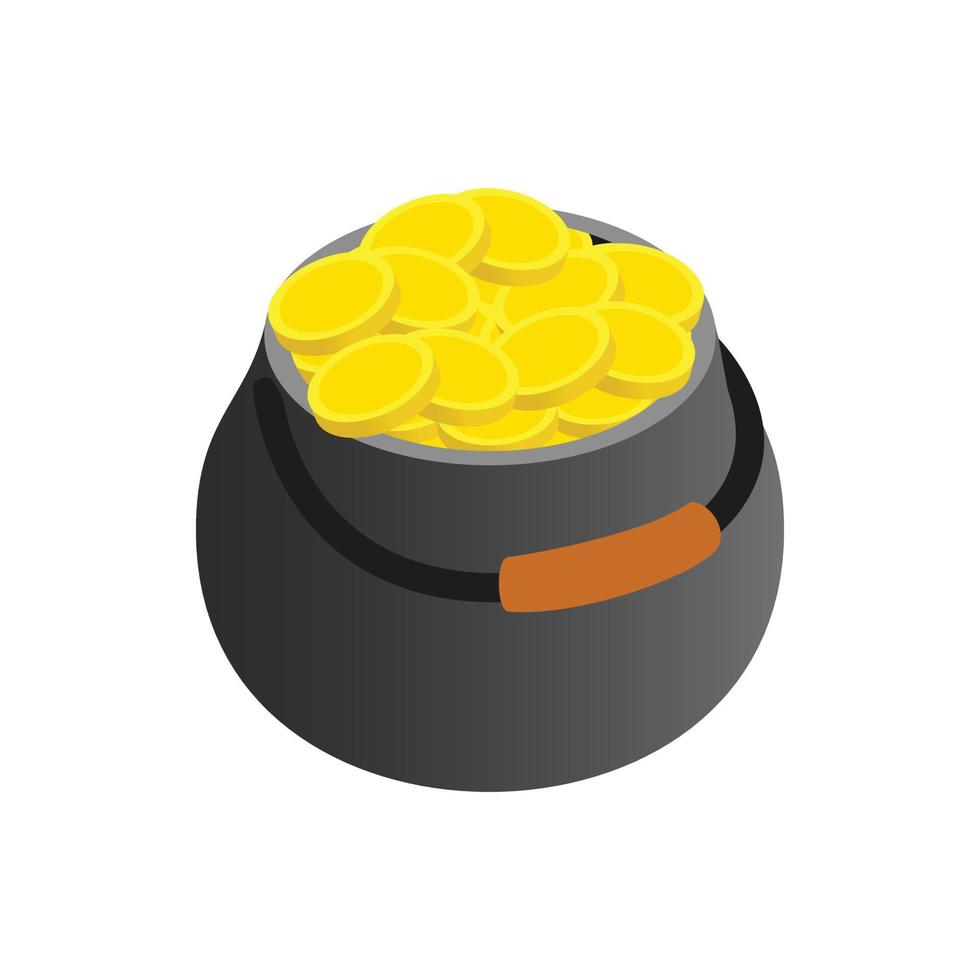 pentola pieno di oro monete isometrico 3d icona vettore