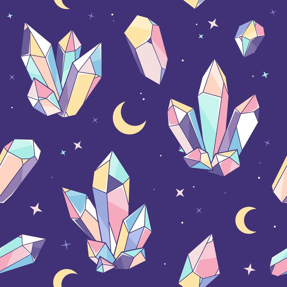 cristalli, gemme, stelle e Luna senza soluzione di continuità modello, boho sfondo, mistero, notte, Magia illustrazione vettore
