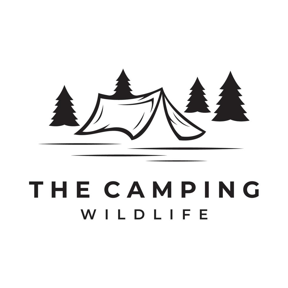 Vintage ▾ e retrò all'aperto campeggio o campeggio tenda modello logo.con tenda, alberi e fuoco di bivacco sign.camping per avventurieri, scout, scalatori. vettore