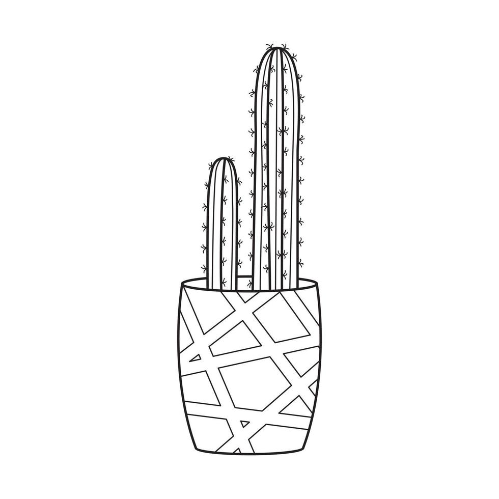 vettore schema cactus nel pentola. interno succulento pianta con spine. cactus per casa e interno. botanico scarabocchio lineare nero e bianca illustrazione isolato su bianca sfondo.