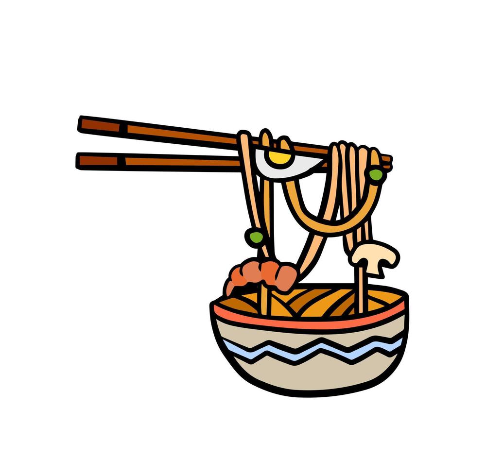 ramen tagliatelle e di legno bastoni nel ciotola. bastoncini con lungo pasta. asiatico giapponese e Cinese cibo. vettore