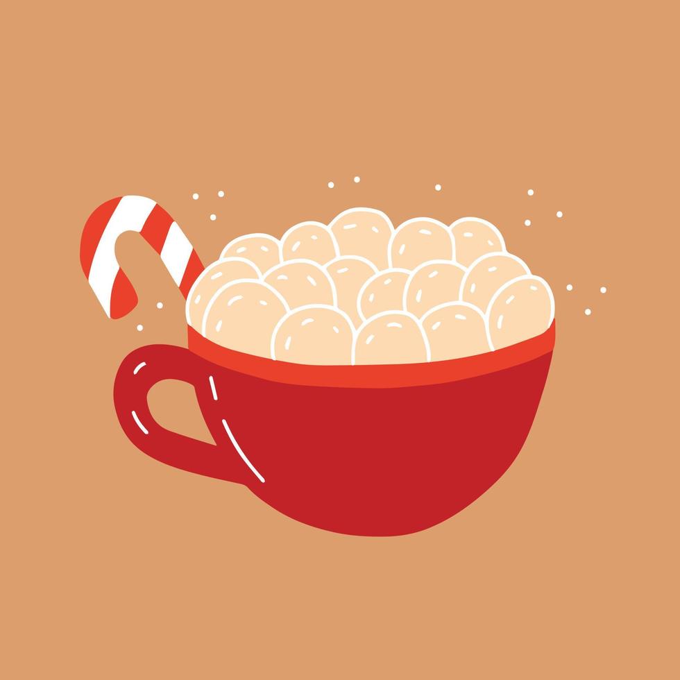 Natale saluto carta con caldo cioccolato rosso tazza e caramella canna. vettore piatto stile caldo cioccolato con marshmallow Natale carta