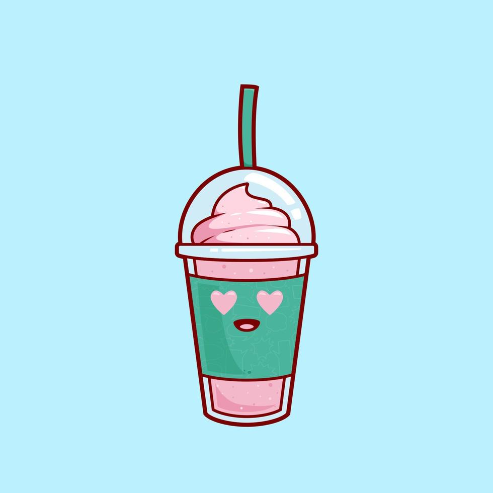 carino amore occhi fragola frullati frappè succo con ghiaccio crema guarnizione illustrazione vettore cartone animato personaggio