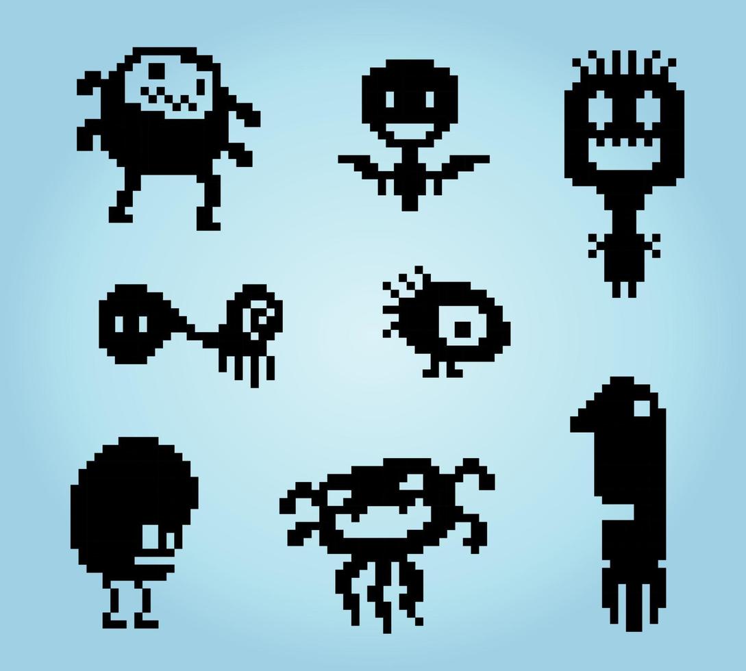scarabocchi mostro pixel a 8 bit, illustrazione del vettore pixel art. carino creatura doodle set.