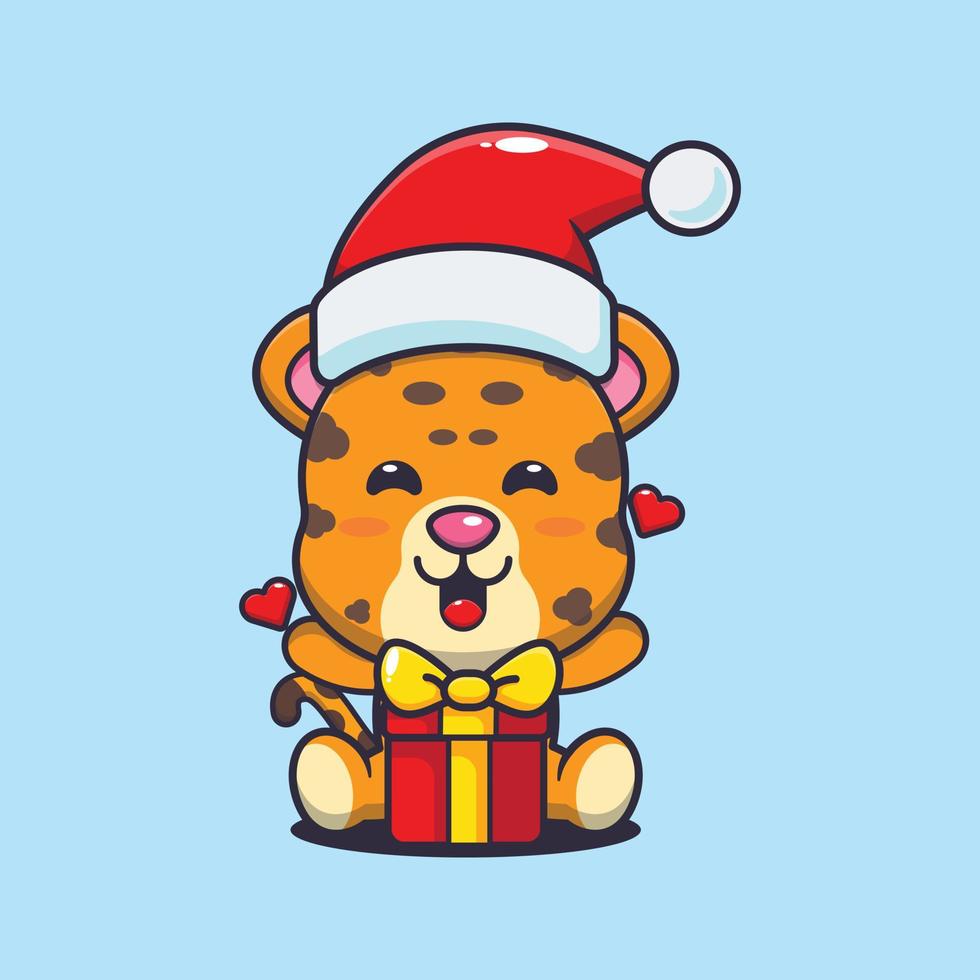 carino leopardo contento con Natale regalo. carino Natale cartone animato illustrazione. vettore