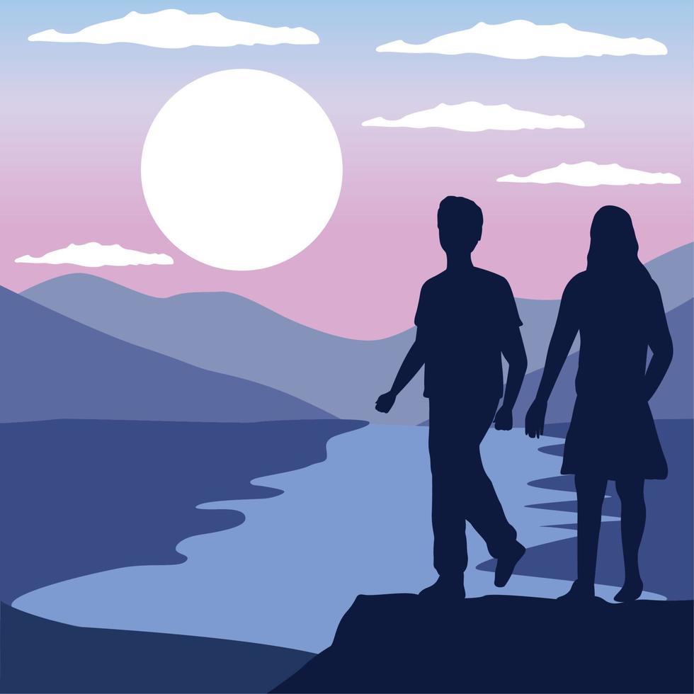 coppia silhouette a piedi nel lago vettore