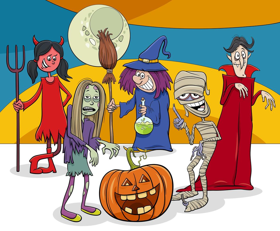 gruppo di personaggi divertenti del fumetto di festa di halloween vettore