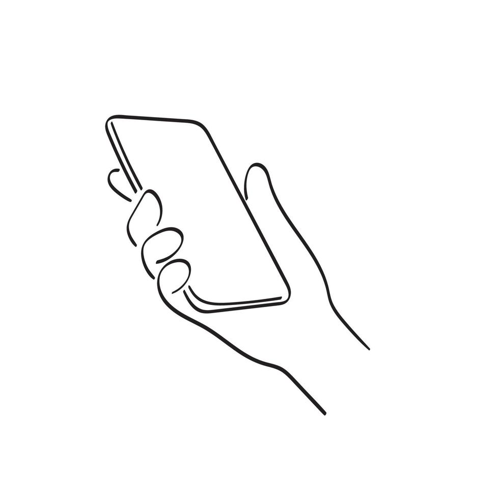 line art closeup mano che tiene smartphone illustrazione vettore disegnato a mano isolato su sfondo bianco