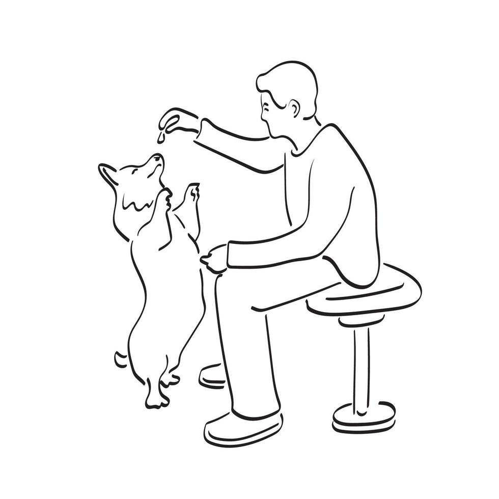 uomo Tenere animale domestico cibo nel mano mentre cane è in piedi su posteriore gambe illustrazione vettore mano disegnato isolato su bianca sfondo linea arte.