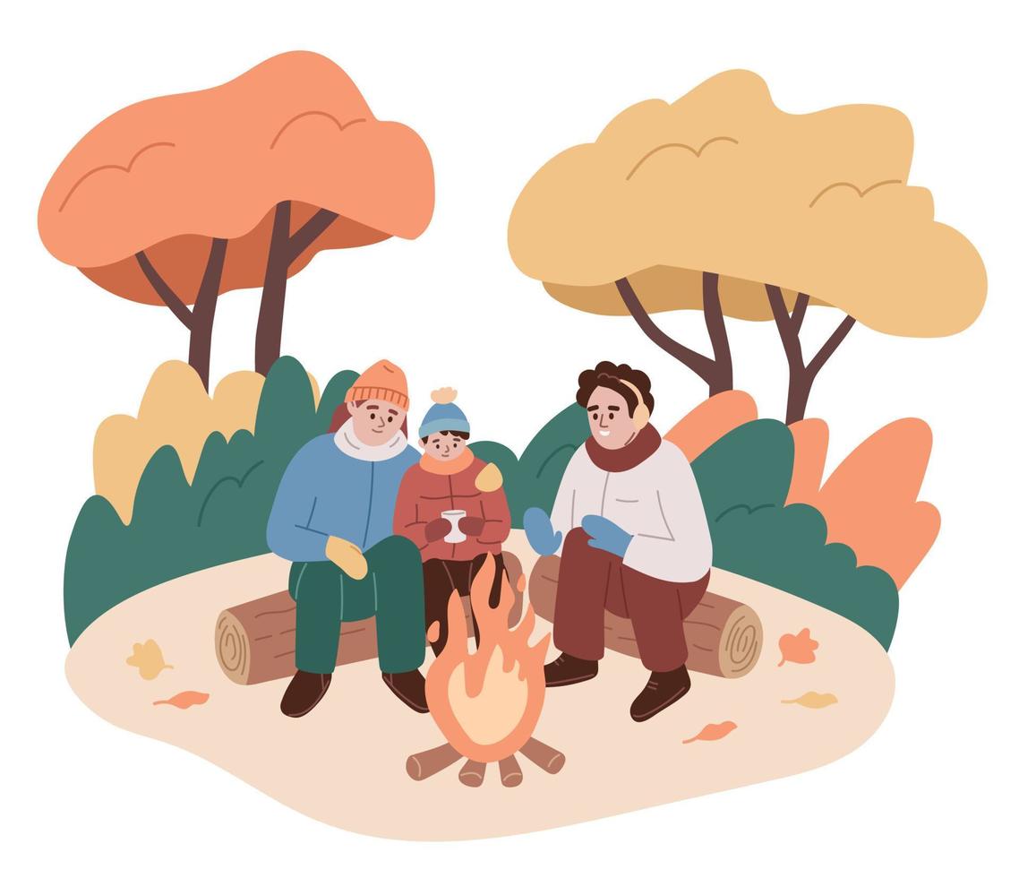 famiglia seduta di il fuoco nel il natura. padre, madre, bambino la spesa tempo all'aperto nel autunno. autunno attività. riscaldamento nel freddo tempo atmosferico. piatto cartone animato vettore illustrazione.