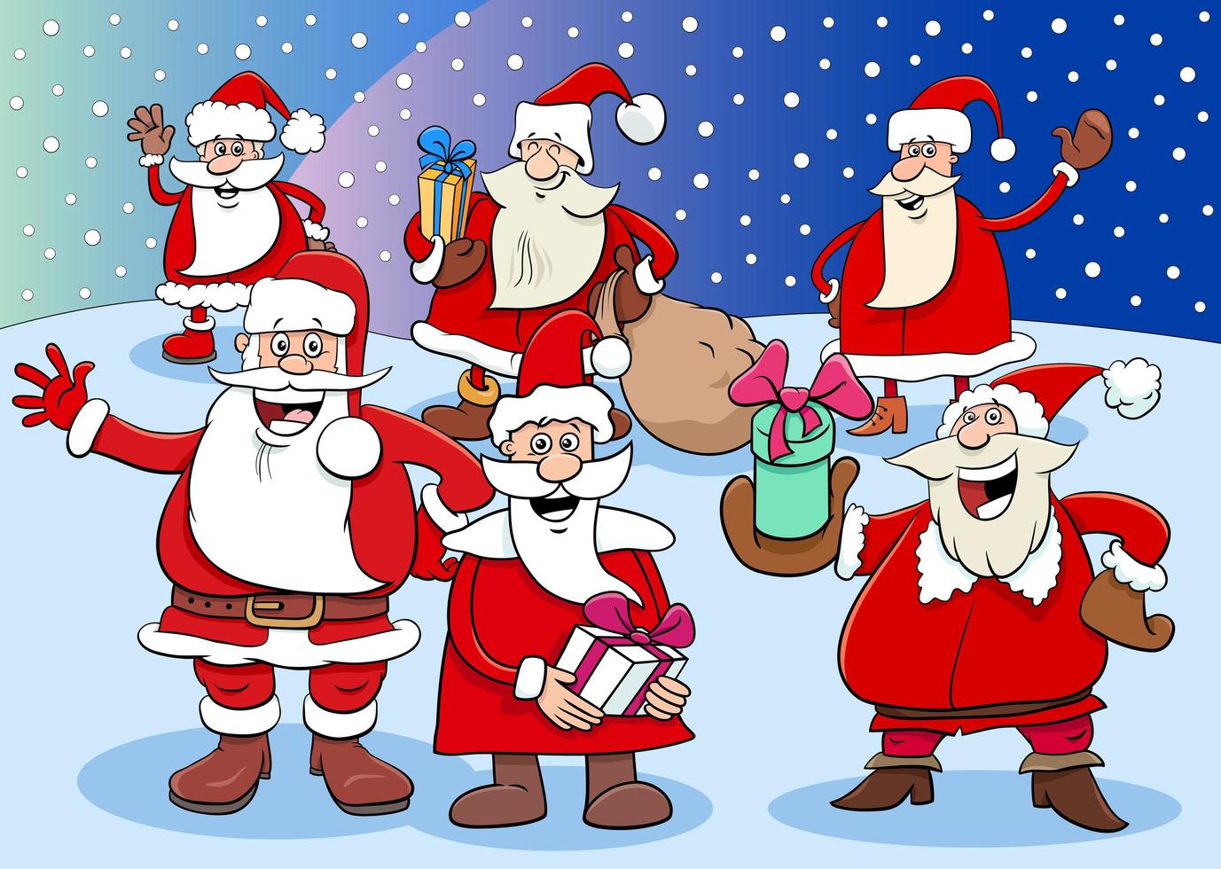 gruppo di personaggi di Babbo Natale nel periodo natalizio vettore