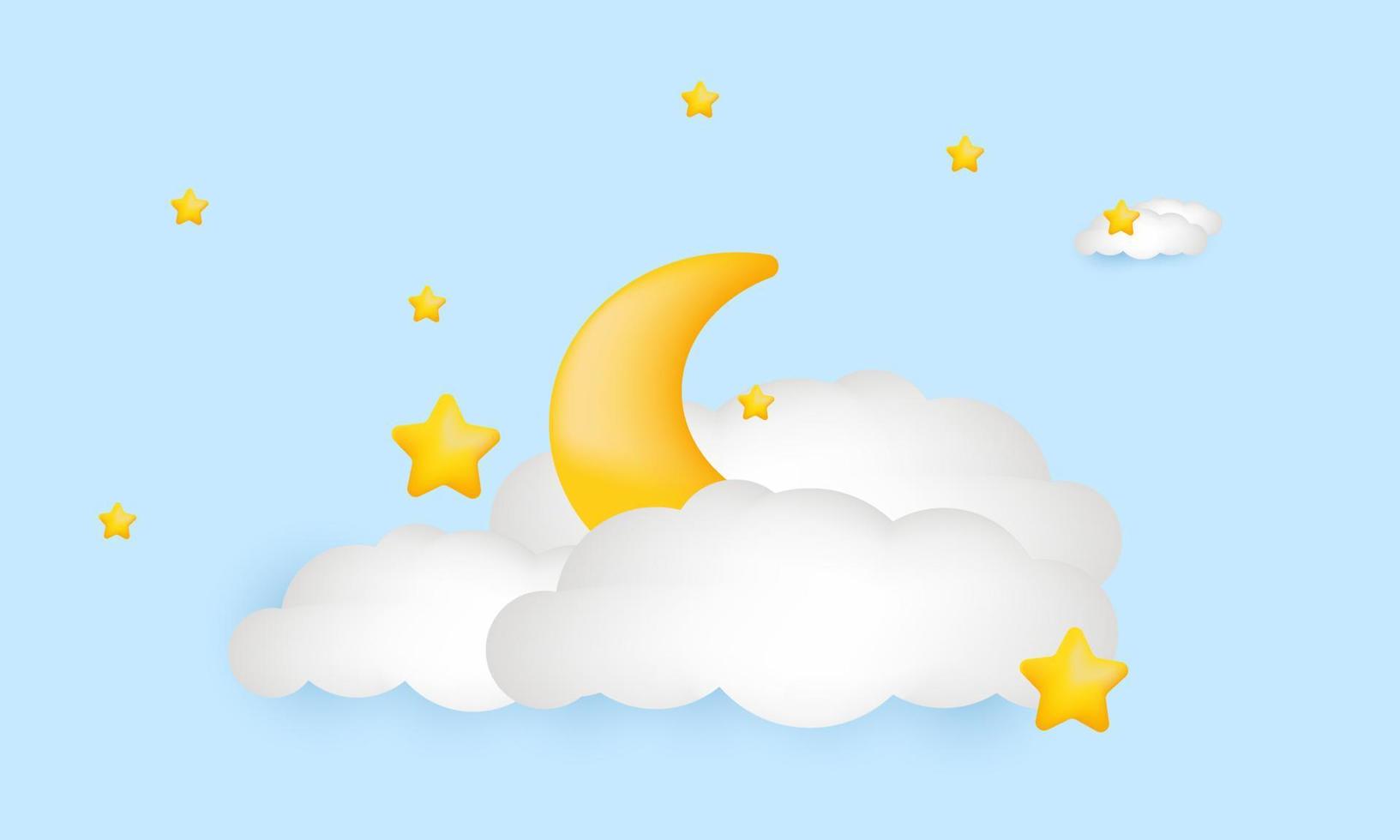 illustrazione 3d mezzaluna Luna d'oro stelle bianca sfondo vettore