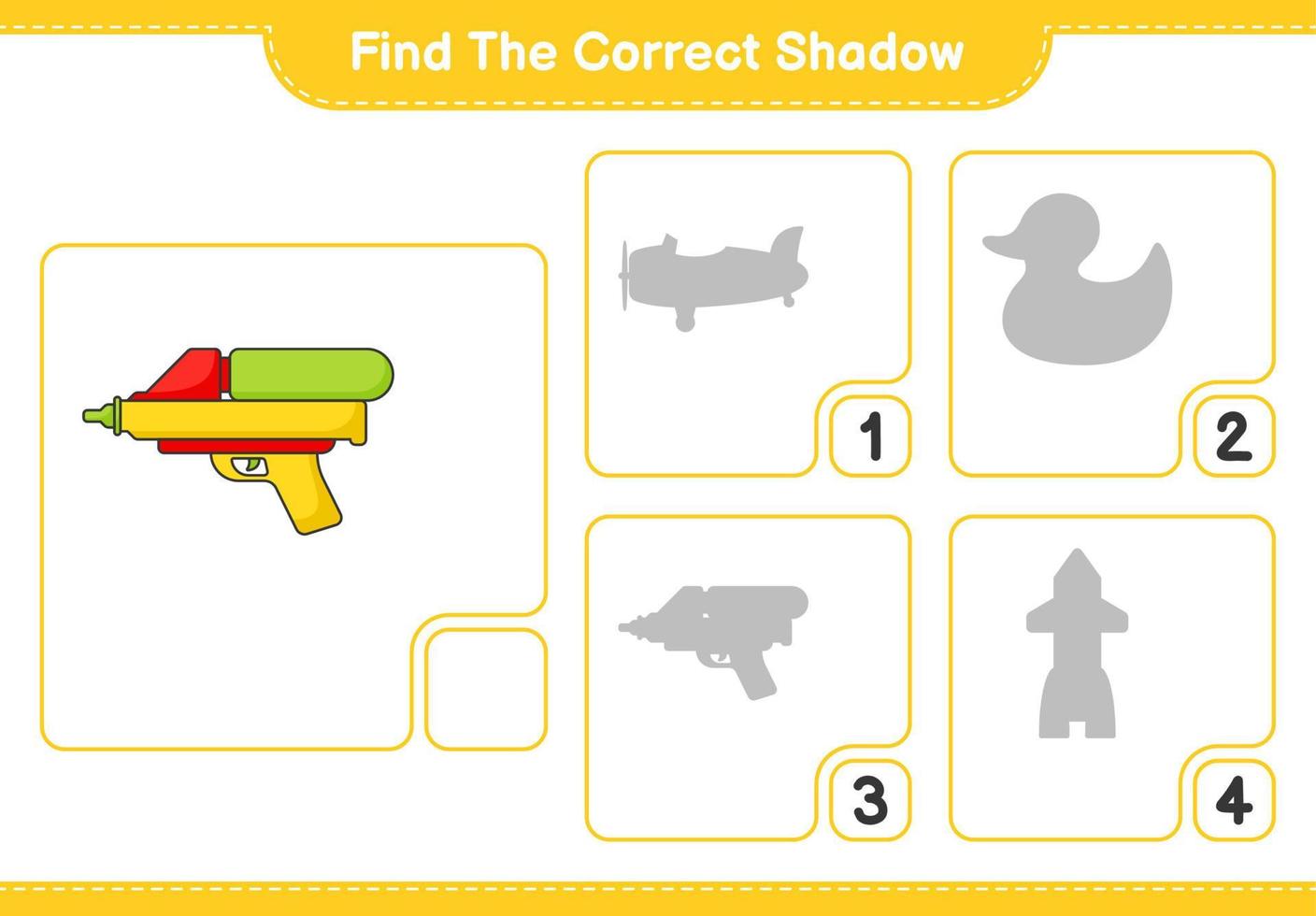 trova il corretta ombra. trova e incontro il corretta ombra di acqua pistola. educativo bambini gioco, stampabile foglio di lavoro, vettore illustrazione