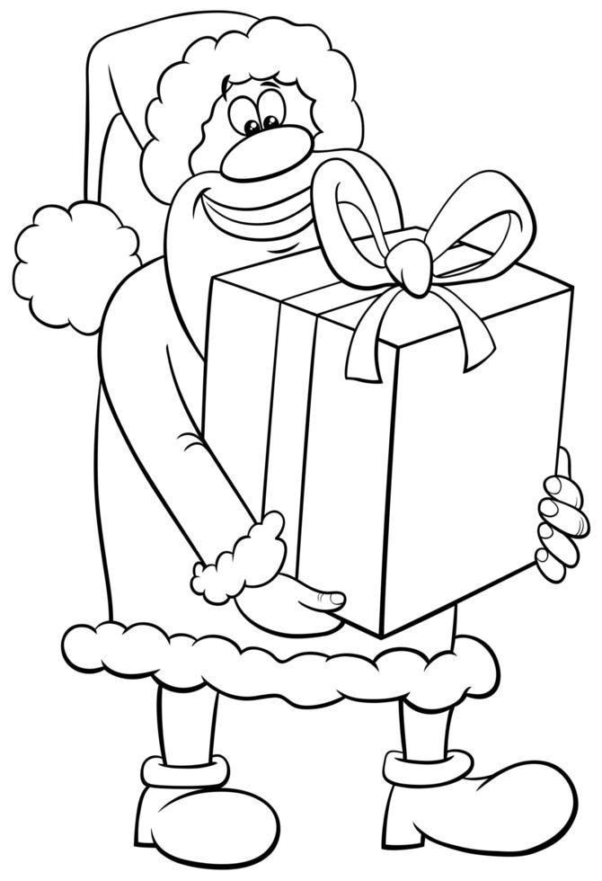 Babbo Natale con grande presente pagina del libro da colorare vettore