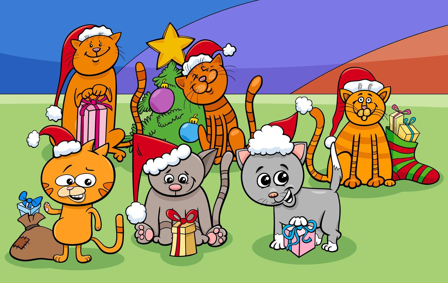 gruppo di personaggi dei gatti dei cartoni animati nel periodo natalizio vettore