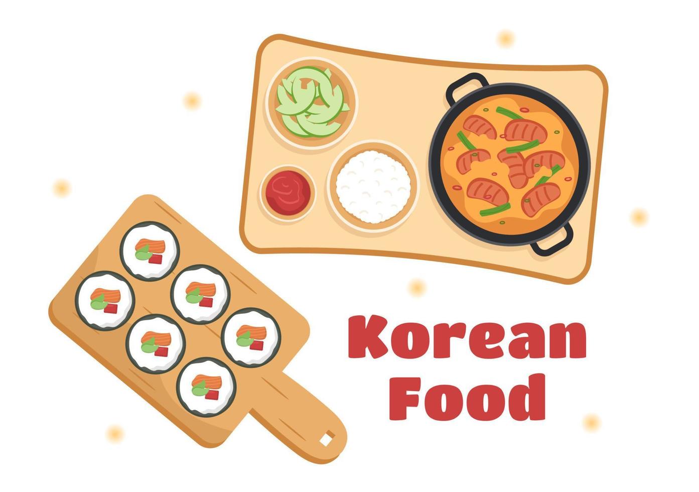 coreano cibo impostato menù di vario tradizionale o nazionale delizioso cucina piatto nel piatto cartone animato mano disegnato modelli illustrazione vettore
