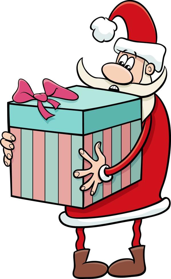 cartone animato Santa Claus personaggio con grande Natale presente vettore