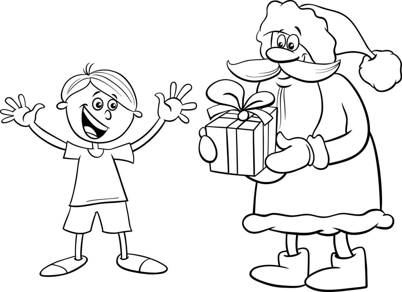 cartone animato Santa Claus dando Natale regalo per ragazzo colorazione pagina vettore