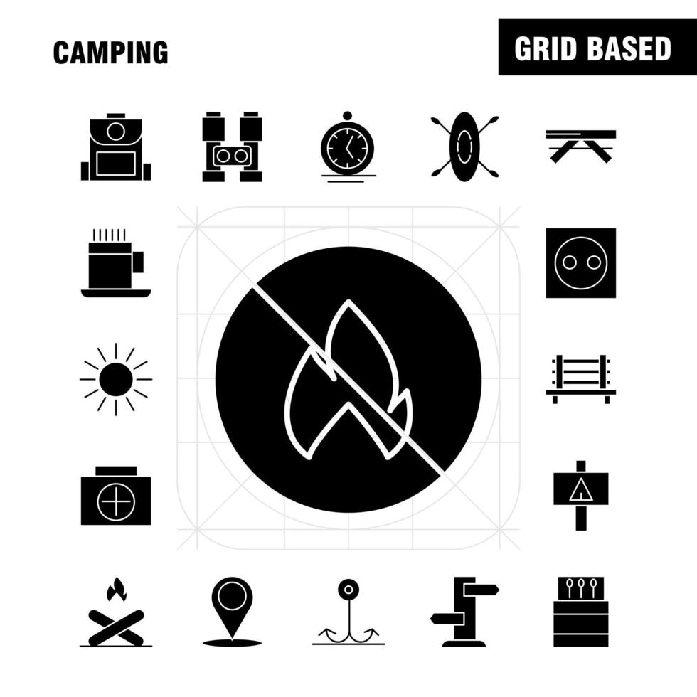 campeggio solido glifo icona imballare per progettisti e sviluppatori icone di panchina campeggio all'aperto viaggio campeggio incontro all'aperto fuoco vettore