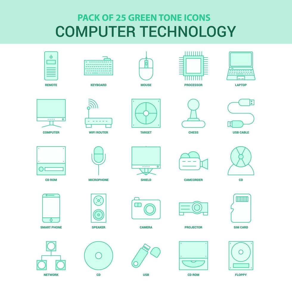 25 verde computer tecnologia icona impostato vettore