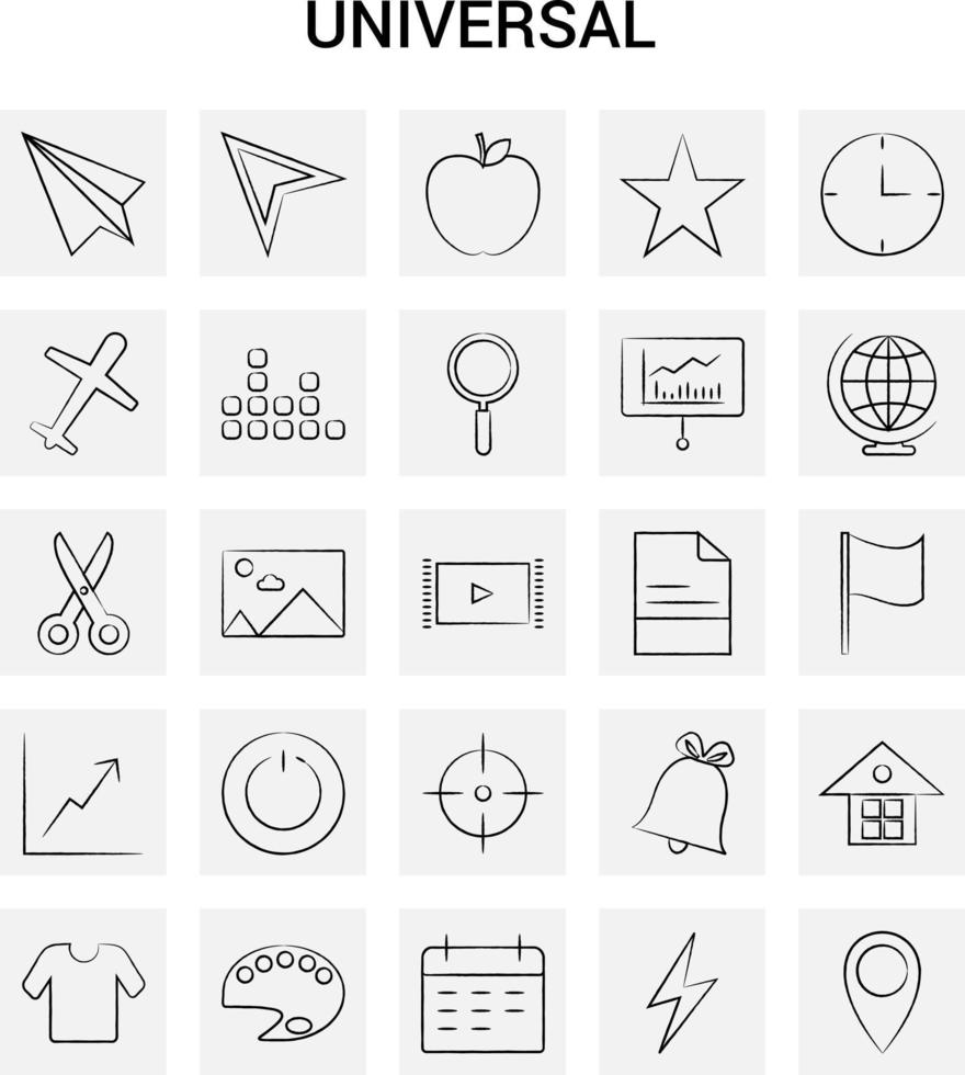25 mano disegnato universale icona impostato grigio sfondo vettore scarabocchio
