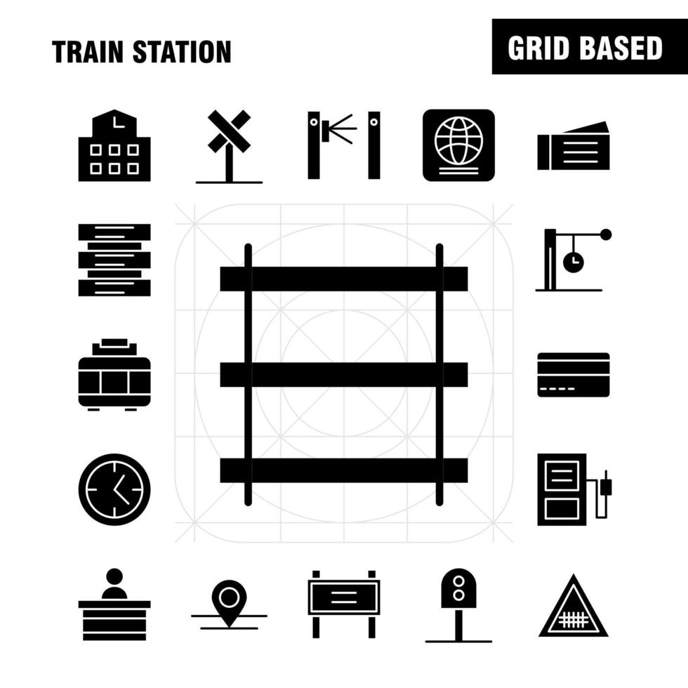 treno stazione solido glifo icone impostato per infografica mobile uxui kit e Stampa design includere Ingresso ferrovia stazione metropolitana treno Ferrovia ferrovia cartello icona impostato vettore