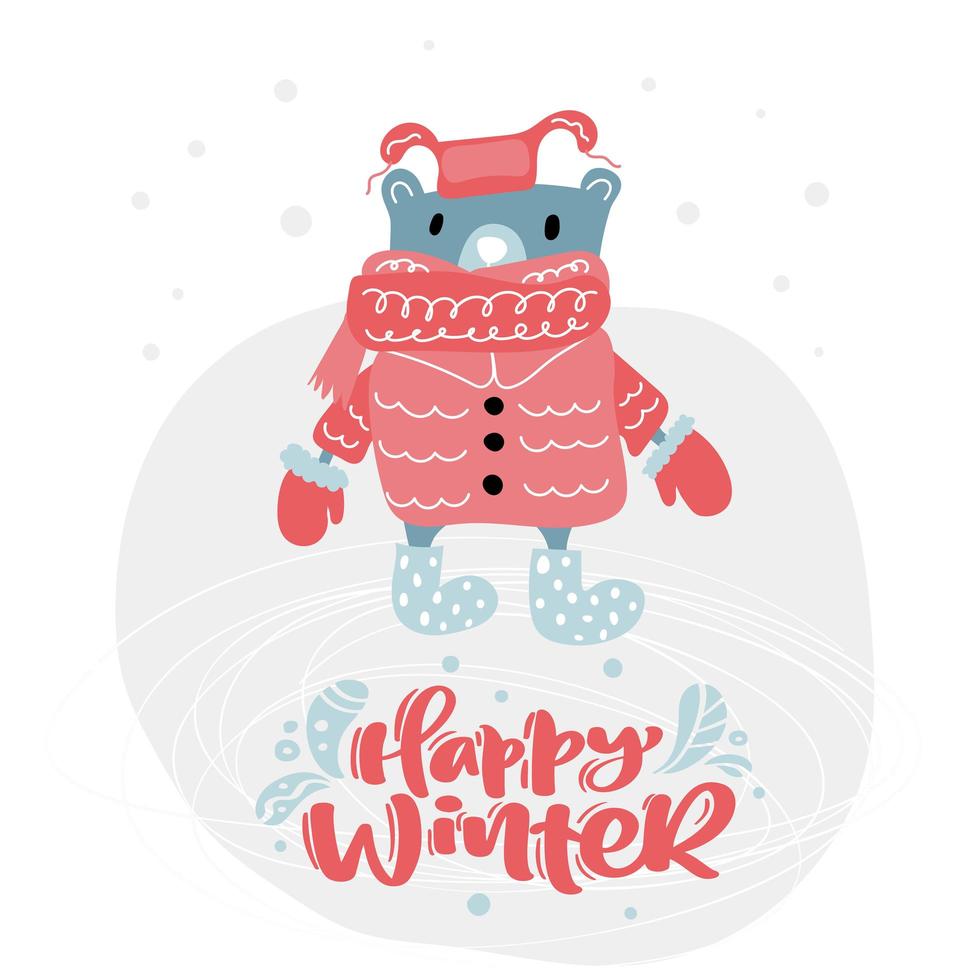 orso con abiti invernali e testo invernale felice vettore
