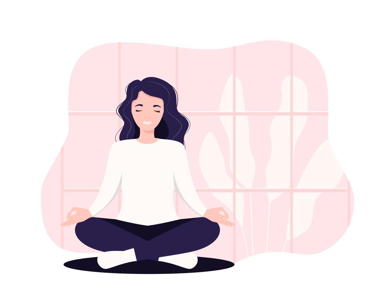 vettore illustrazione concetto attività commerciale donna praticante yoga e meditazione nel ufficio. il ragazza si siede nel il loto posizione, il pensato processi, il inizio e il ricerca per idee. tempo gestione