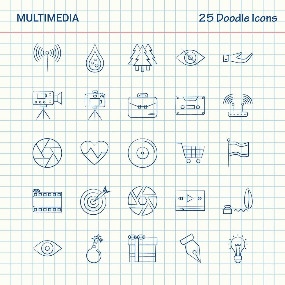 multimedia 25 scarabocchio icone mano disegnato attività commerciale icona impostato vettore