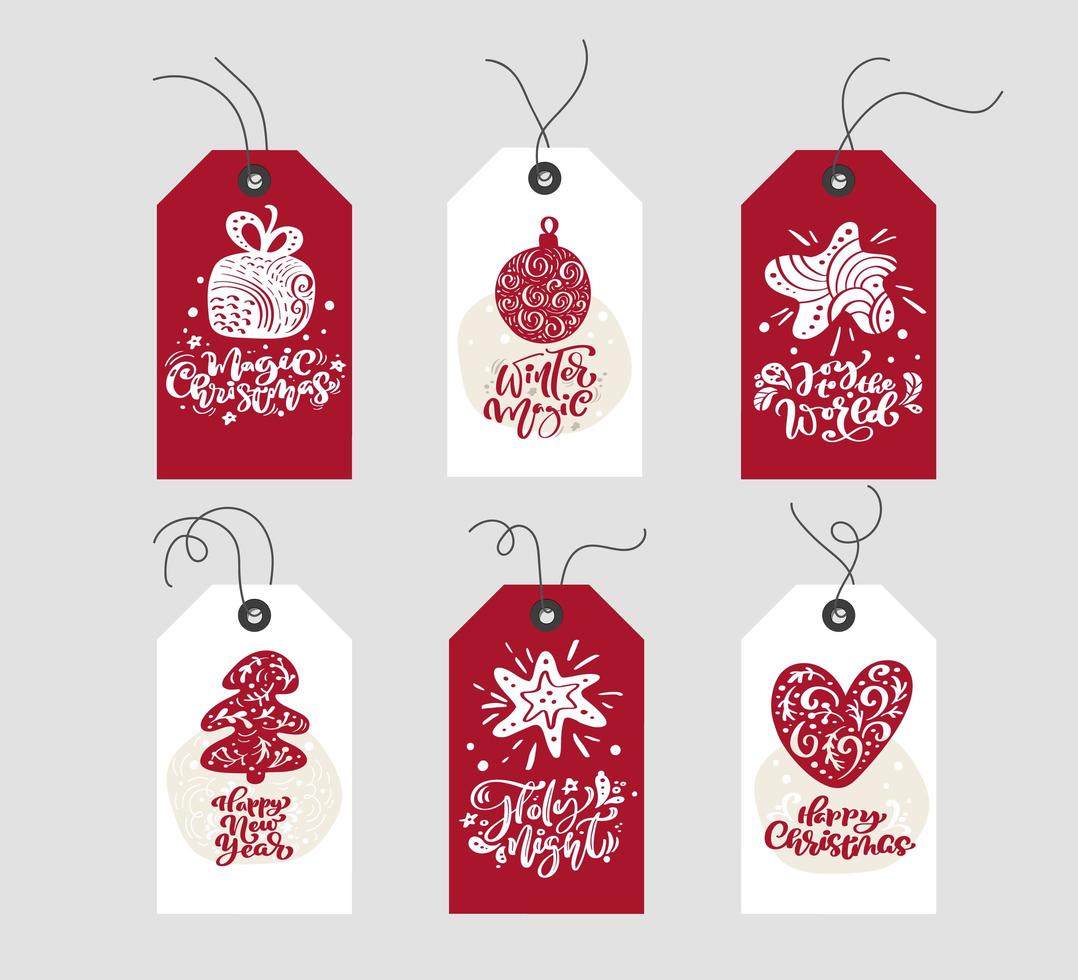 tag regalo di Natale rosso e bianco con calligrafia vettore