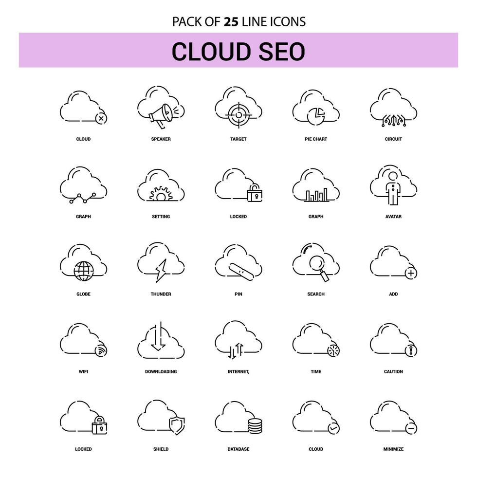 nube SEO linea icona impostato 25 tratteggiata schema stile vettore