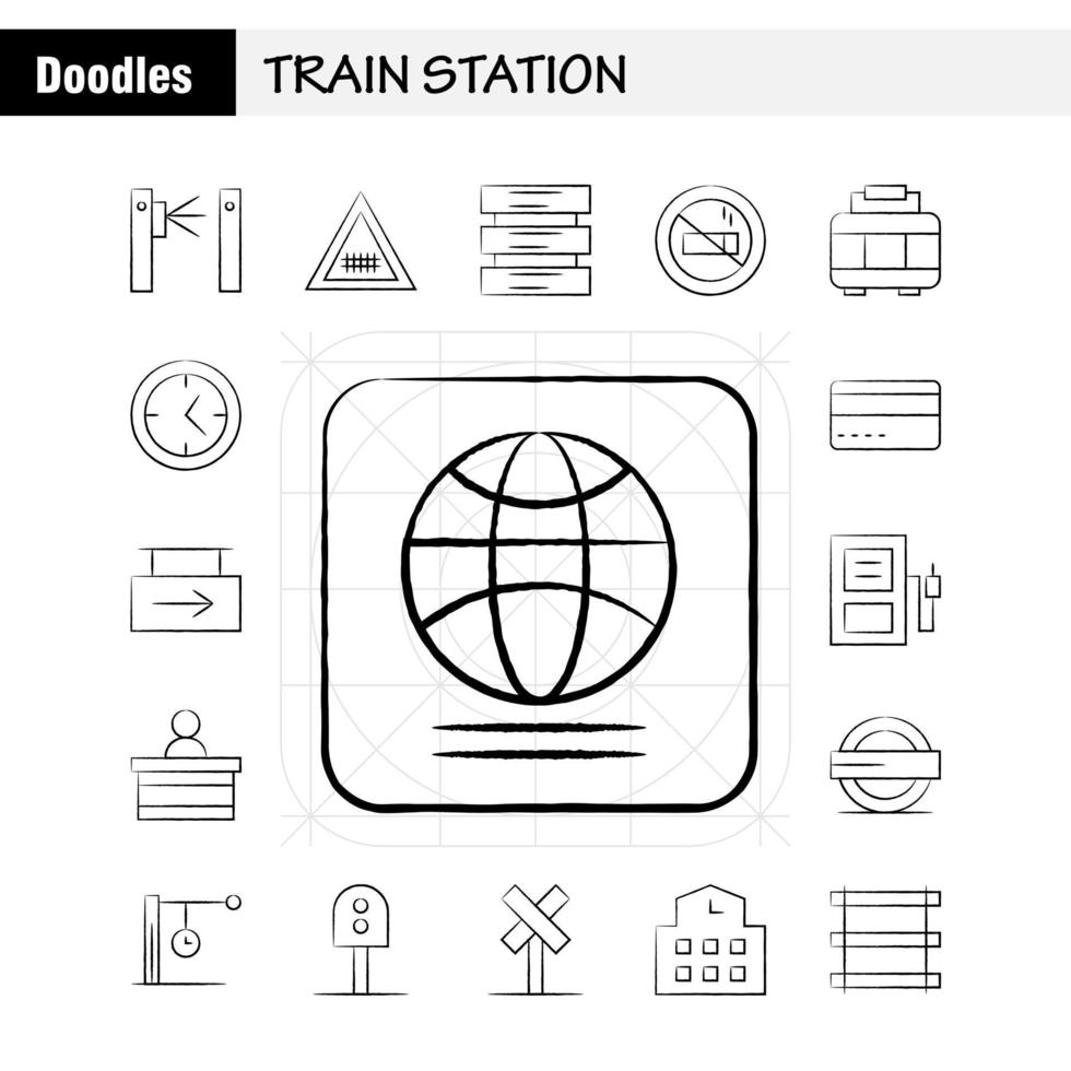 treno stazione mano disegnato icone impostato per infografica mobile uxui kit e Stampa design includere Ingresso ferrovia stazione metropolitana treno Ferrovia ferrovia cartello icona impostato vettore