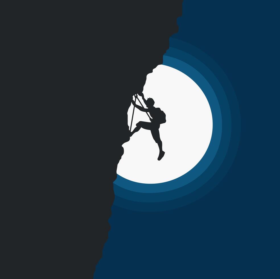 silhouette di un' uomo arrampicata un' montagna contro il fondale di il notte cielo e Luna vettore
