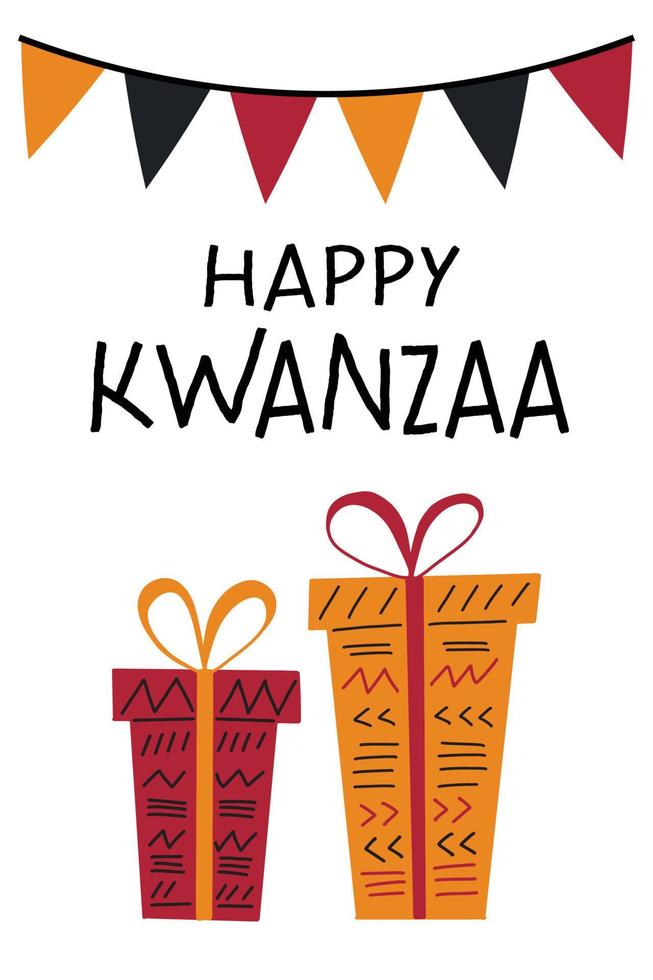 contento Kwanzaa saluto carta con regalo scatola mucchio, bandiera pavese. carino semplice verticale manifesto per africano americano Kwanzaa celebrazione vacanza. vettore