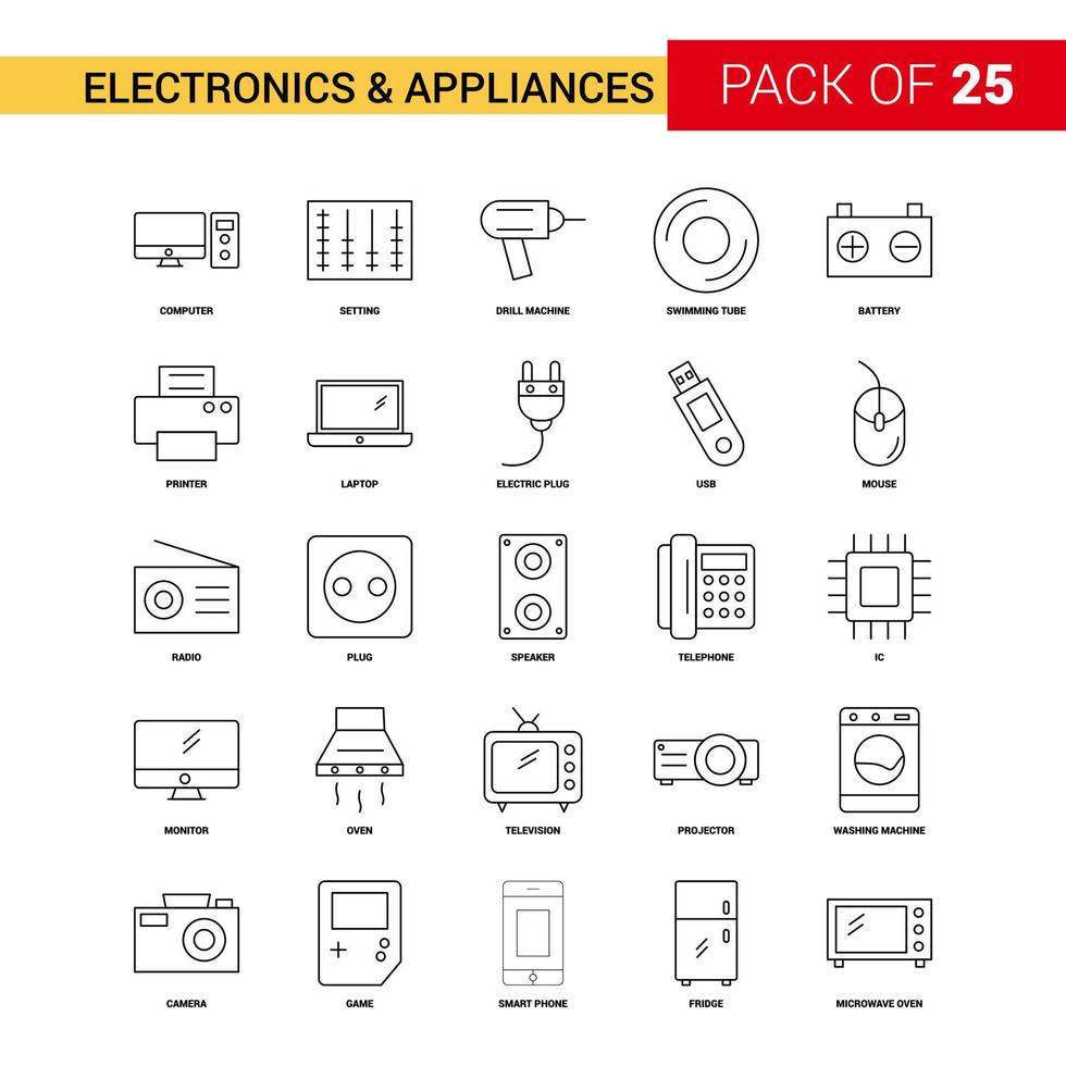 elettronica e elettrodomestici nero linea icona 25 attività commerciale schema icona impostato vettore