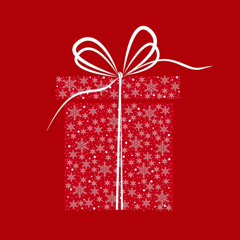 regalo scatola con nastro. Natale astratto carta con regalo scatola fatto a partire dal bianca i fiocchi di neve su rosso sfondo. vettore illustrazione