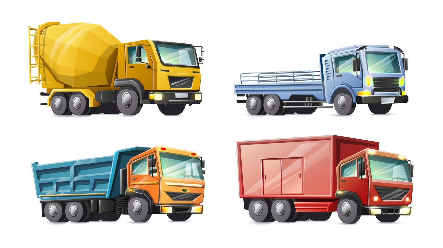 collezione in stile cartone animato vettoriale di camion colorati per bambini. isolato su sfondo bianco.