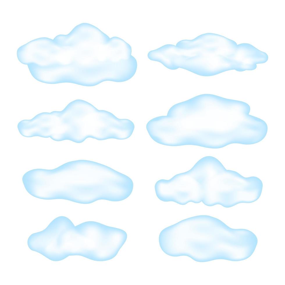 impostato di cartone animato blu nuvole isolato su bianca sfondo. vario realistico nuvole. vettore illustrazione.