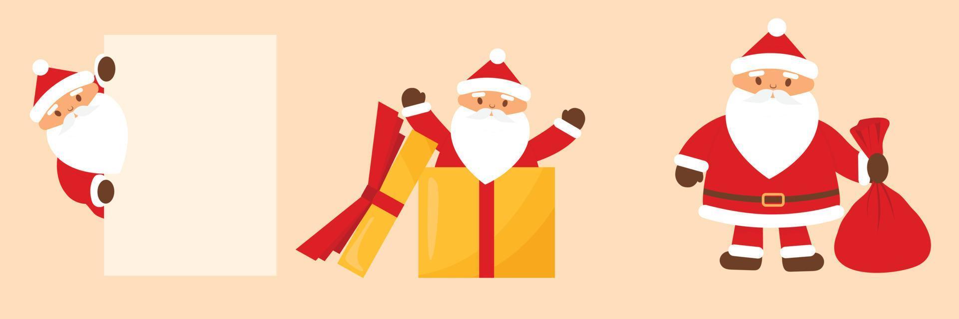 impostato di tre contento Santa Claus isolato. Santa Claus con carta, giallo scatola e rosso Borsa. vettore illustrazione.