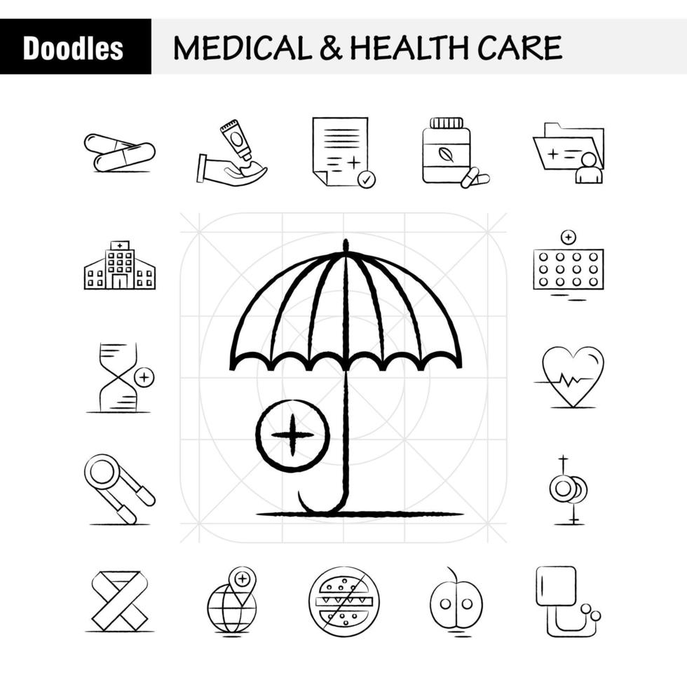 medico e Salute cura mano disegnato icona per ragnatela Stampa e mobile uxui kit come come medico medicina pillole Salute mano crema medico rapporto pittogramma imballare vettore