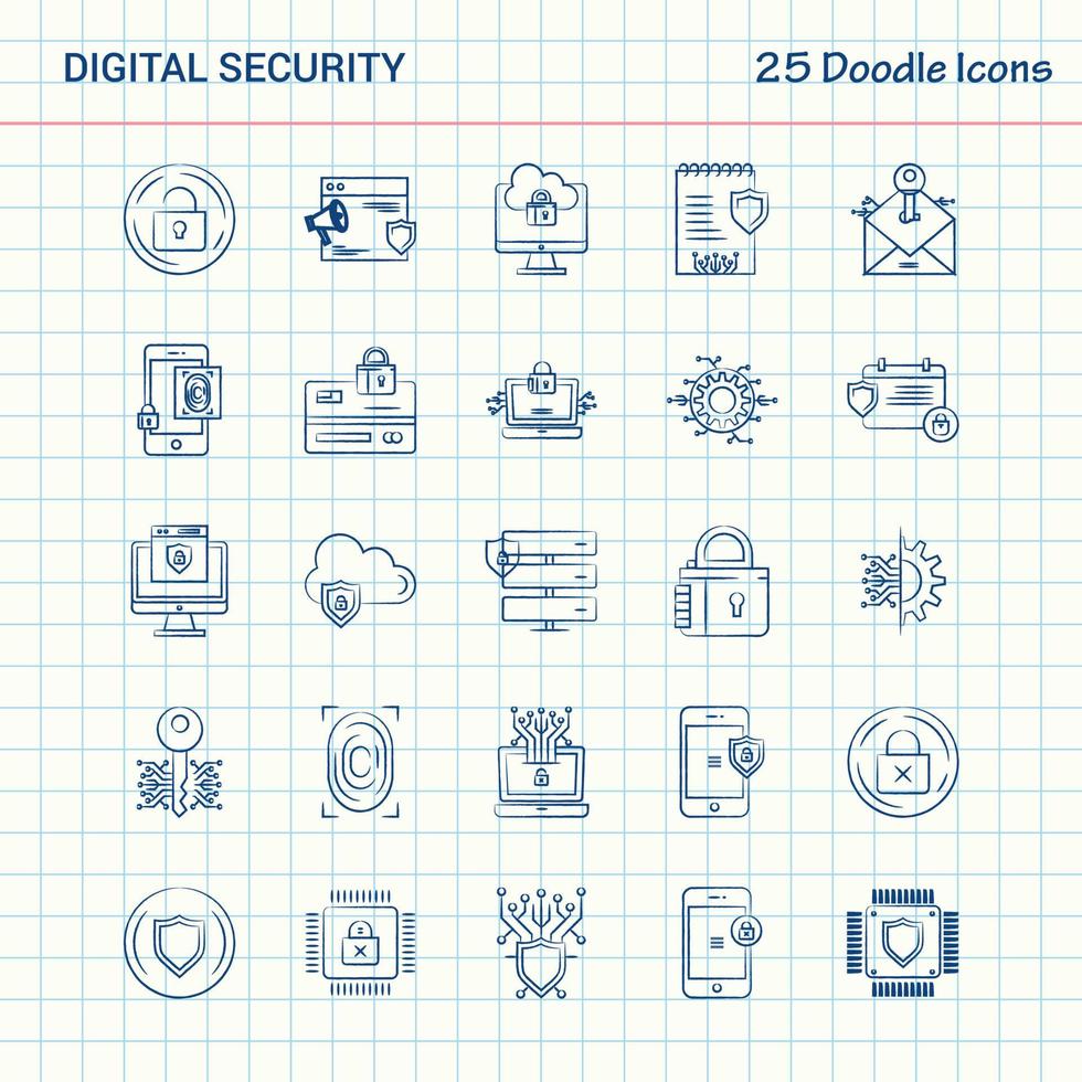 digitale sicurezza 25 scarabocchio icone mano disegnato attività commerciale icona impostato vettore