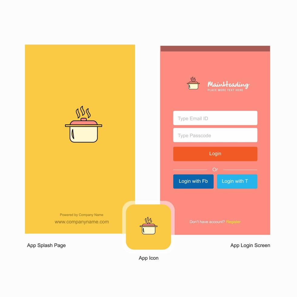 azienda cucinando pentola spruzzo schermo e accesso pagina design con logo modello mobile in linea attività commerciale modello vettore
